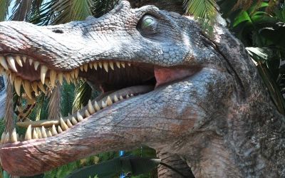 A statue of Spinosaurus outside Jurassic Park: The Ride at Universal Studios Hollywood. Spinosaurus got a major media boost after appearing in Jurassic Park III.

