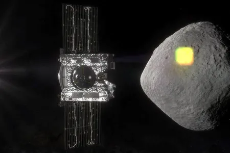 Bennu is shaped like a three-dimensional diamond and seemingly smooth from far away. OSIRIS-REx is in the foreground of this artist’s replication. The spacecraft will gather a sample from Bennu next week. (NASA/Goddard/University of Arizona)