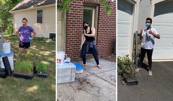 Rachael Brenneman (left), Julia Smith (center), and Skye Austin (right) pose with supplies for their remote research projects. Photo: Amy Hruska