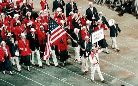 U.S. athletes march into the Olympic Stadium