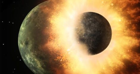 An artist’s conception of the massive collision that would have produced the moon roughly 4.5 billion years ago.