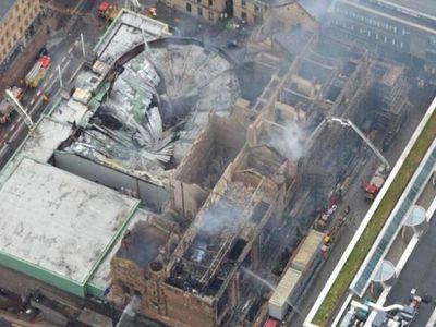 An aerial view of the razed Mackintosh building following the June 2018 fire