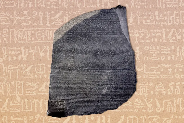 Illustration of the Rosetta Stone in front of Egyptian hieroglyphs