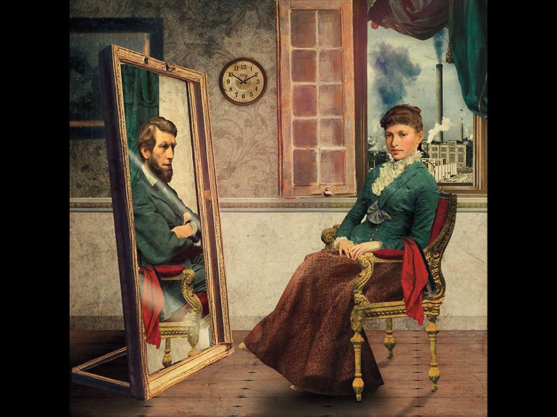 an illustration of a woman in a chair and a reflection of her father in a mirror