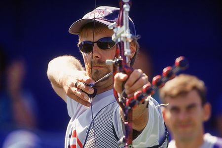 Butch Johnson draws his bow during the Olympic Men's Archery competition in 2000 in Sydney, Australia.