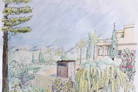 Reconstruction by an artist of the toilet room that stood in the garden of the Armon Hanatziv royal estate