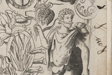 Detail from The herball, or, Generall historie of plantes gathered by John Gerarde, purportedly depicting Shakespeare. 