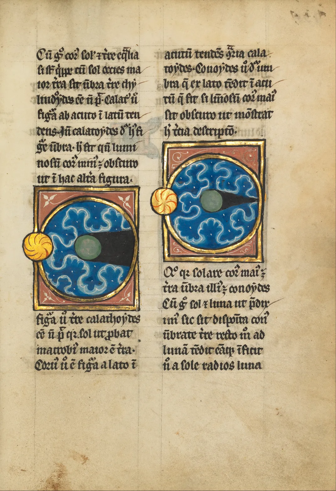 A medieval illustration of the sun and the moon, created in what is now France around or after 1277 C.E.