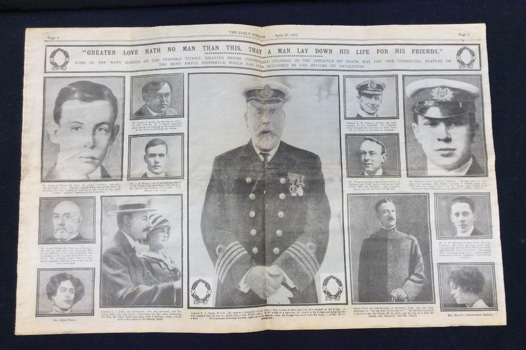 Newspaper spread showing photos of Titanic victims
