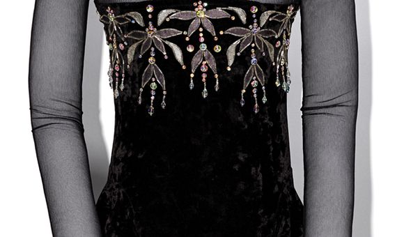 Black velvet leotard with crystal bead detailing at neck