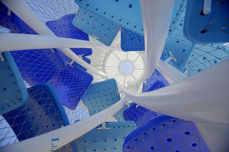 For each Luckey Climber, the palette is the same: pipes, platforms, cables and wire netting.