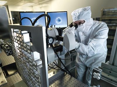 The ultimate destination for the lunar and many other solar system samples is the astromaterials laboratory at Houston’s Johnson Space Center, where a technician examines particles of a comet returned in 2006 by NASA’s Stardust mission.