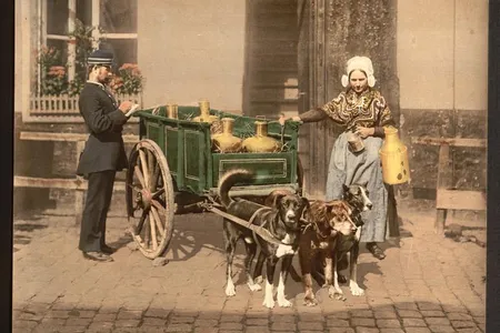 A late 19th century photograph from Antwerp, Belgium shows a typical milk cart pulled by dogs.