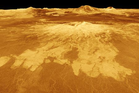 The volcano Sapas Mons rises over the landscape in a computer generated image of Venus based on data from the Magellan spacecraft.
