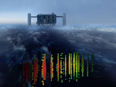The IceCube Lab with a picture of neutrino data superimposed