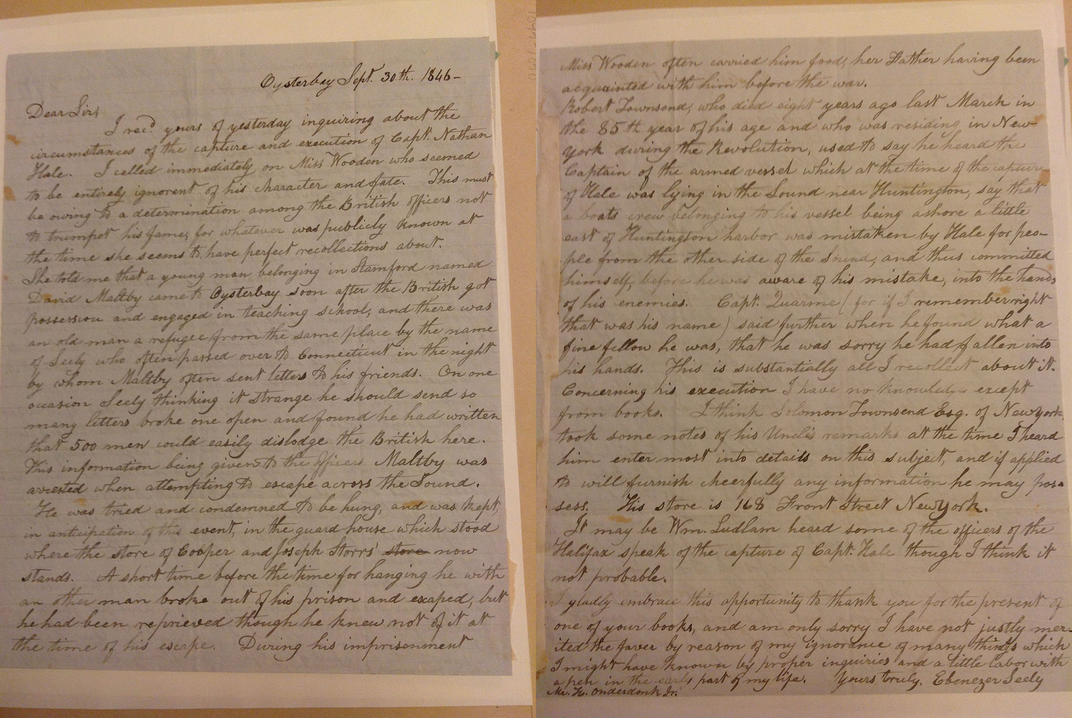 An 1846 letter from Ebenezer Seeley to historian Henry Onderdonk Jr.