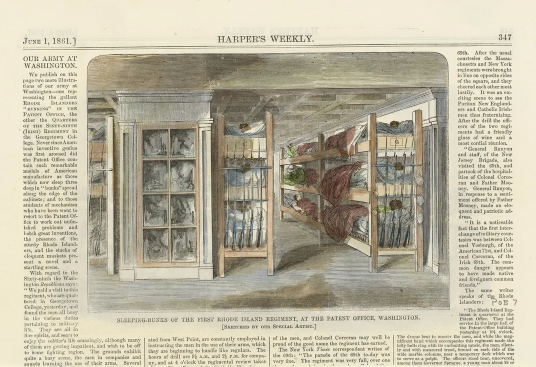 An illustration of soldiers from the First Rhode Island Infantry Regiment sleeping in bunks in the Patent Office Building