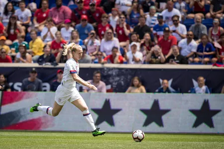 World Cup champion Samantha Mewis (above: in the May 26, 2019 International Friendly match against Mexico) and her colleagues sued the U.S. Soccer Federation for equal pay. In 2022, U.S. Soccer agreed to pay the women some $24 million in back pay.