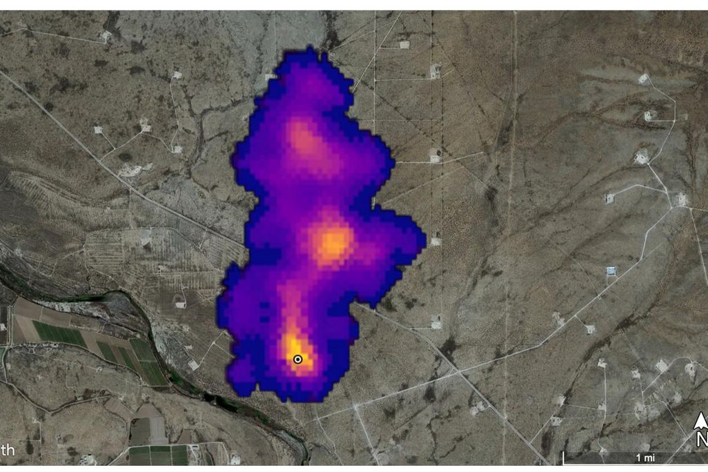 A map showing the concentrations of methane above an emissions source southeast of Carlsbad, New Mexico