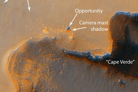 A Mars orbiter spies on a Mars rover.