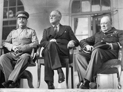 Joseph Stalin, Franklin D. Roosevelt and Winston Churchill at the Tehran Conference.