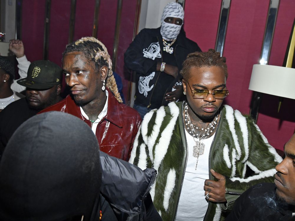 Hip-hop artists Young Thug and Gunna attend a release party for Young Thug's new album "PUNK" at Delilah on October 12, 2021.