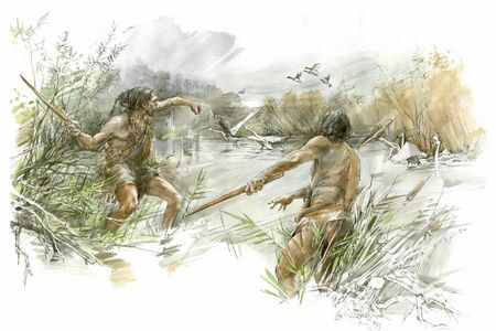 An artist's rendering of two early hominins hunting waterfowl on the Schöningen lakeshore with throwing sticks