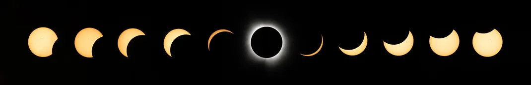 a row of images of the sun show, from left to right, the moon progressively cover more and then less of the yellow disk. At the center is totality with the wispy corona