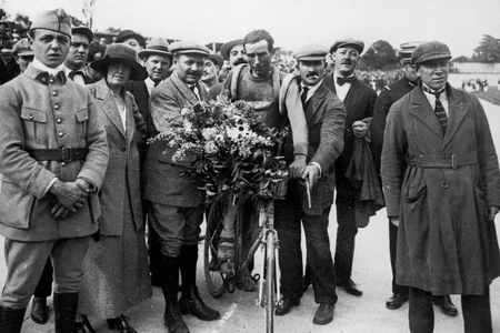 Belgian cyclist Firmin Lambot, the ultimate winner of the race, pictured in a wooly yellow jersey.