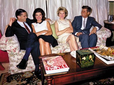 "It's possible my natural level is in the Senate," John F. Kennedy said—but then he won the 1960 election. As president, he and his wife hosted Ben and Tony Bradlee (left and third from left) at the White House.