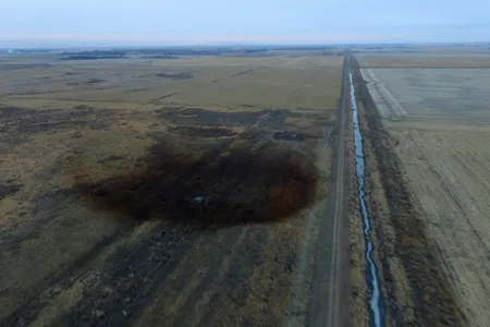 This aerial photo shows spills from TransCanada Corp.'s Keystone pipeline on Friday, November 17, 2017.