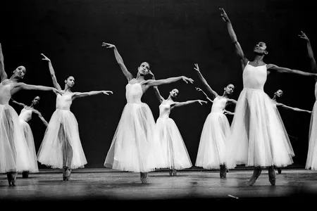 Karlya Shelton, front and center, with the swans, performing George Balanchine&#39;s choreography for a Tchaikovsky serenade in 1979.