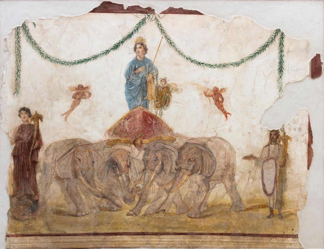 The goddess Venus stands on a quadriga drawn by elephants in this first-century A.D. fresco