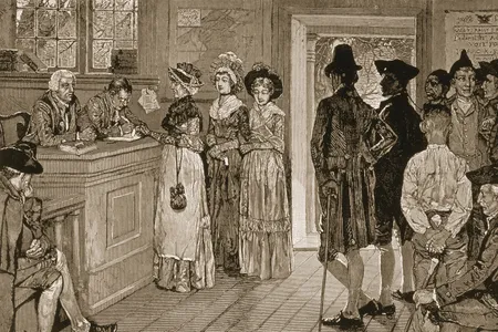 An 1880&nbsp;Harper&#39;s Weekly&nbsp;illustration titled Women at the Polls in New Jersey in the Good Old Times