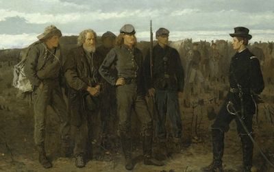 Confederate soldiers stand defiant before a Union general, even after the war is over. Winslow Homer, Prisoners from the Front, 1866.