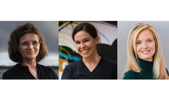 From left to right there are three panels. In the first panel, Dr. Nancy Knowlton is smiling in front of a dark, cloudy sky. She has brown hair and is wearing glasses and a black wet suit. In the second panel, Dr. Rachel Page is smiling, has her hair up,
