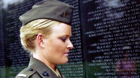 Lieutenant Elle Helmer, US Marine Corps, at the Vietnam War Memorial