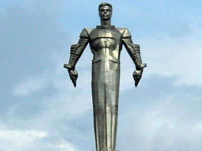 A 10-story statue of Gagarin dominates the modern skyline over Moscow's Leninski Prospect.