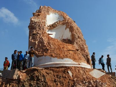 The rubble of Dharahara Tower, which was once the tallest building in Nepal. 