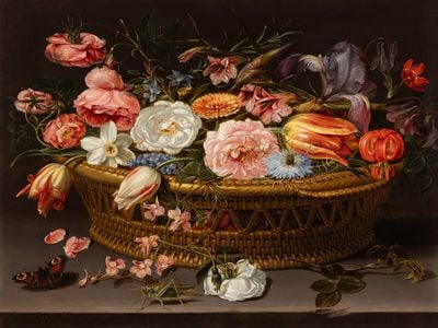 The full title of the painting by Clara Peeters is&nbsp;Still life of roses, carnations, tulips, narcissi, irises, love-in-a-mist, larkspur, and other flowers, in a wicker basket, with a butterfly and a cricket.