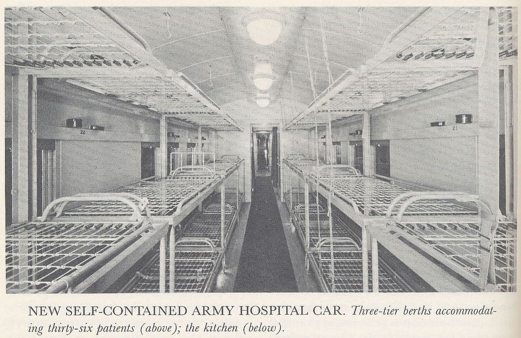 Archival photograph of an Army hospital train car