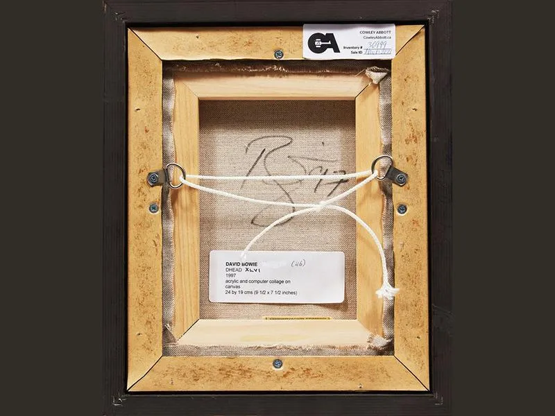 The back of the canvas features the artist's signature and a printed label detailing the portrait's title, year of creation and materials used.