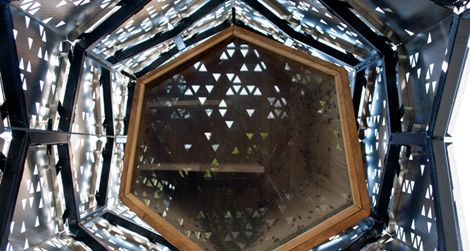 Looking up into a skyscraper for bees, designed by students at the University of Buffalo
