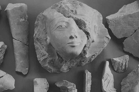 Fragments of a limestone statue of Hatshepsut, photographed in 1929