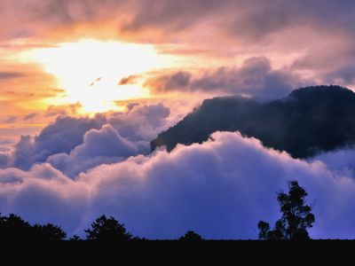 Sunrise illuminates a sea of clouds high in the mountains of Taiwan's Alishan Range.