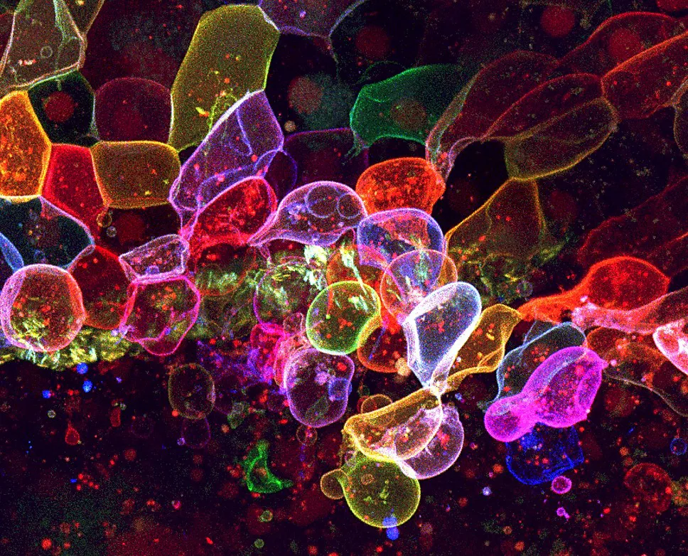 a network of cells up against one another, illuminated in different colors