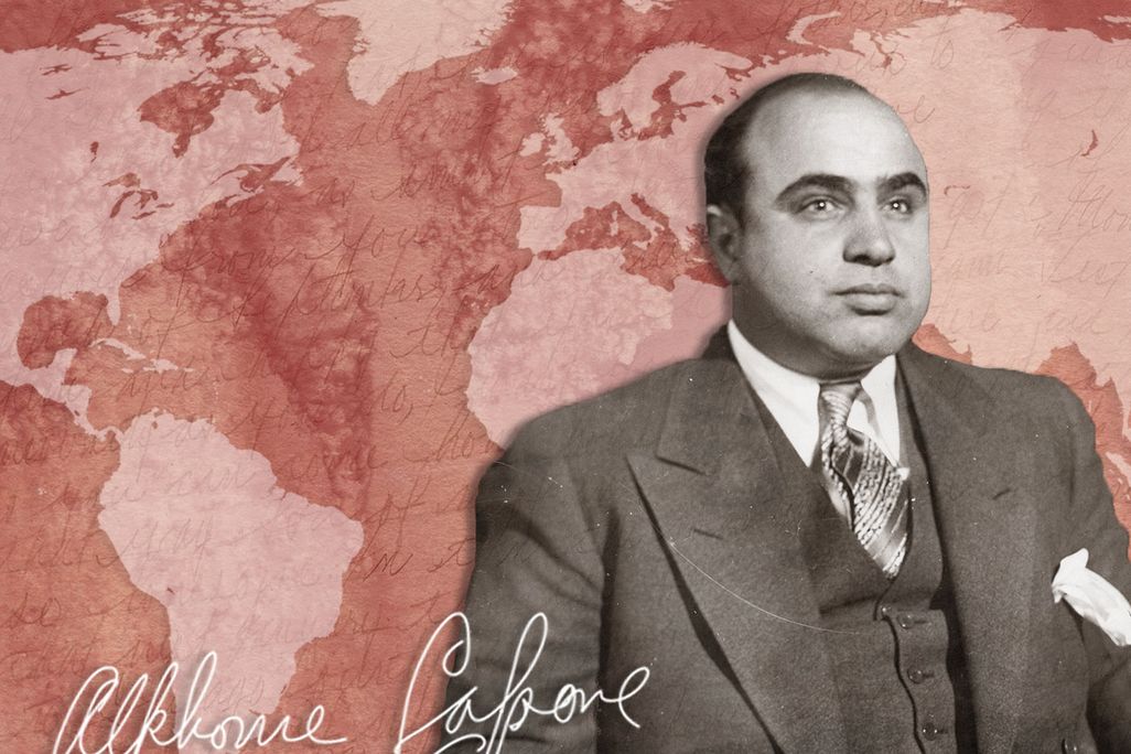 Illustration of Al Capone in front of map