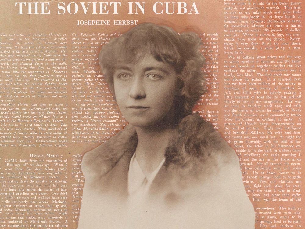 Illustration of Josephine Herbst in front of her New Masses story on the Soviets in Cuba
