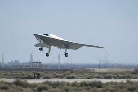 A Navy X-47B Unmanned Combat Air System Demonstration aircraft at Edwards Air Force Base.