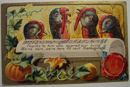 A vintage Thanksgiving postcard featuring pardoned turkeys.